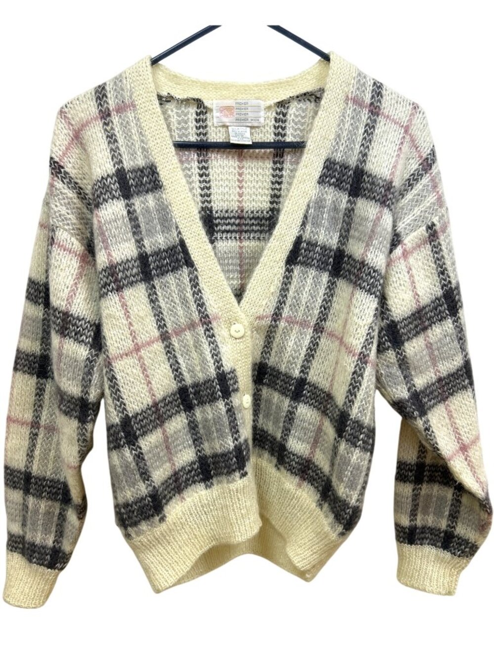 Vintage Premier Mohair Plaid Cardigan Women's M Fuzzy Preppy Academia Ivory Gray